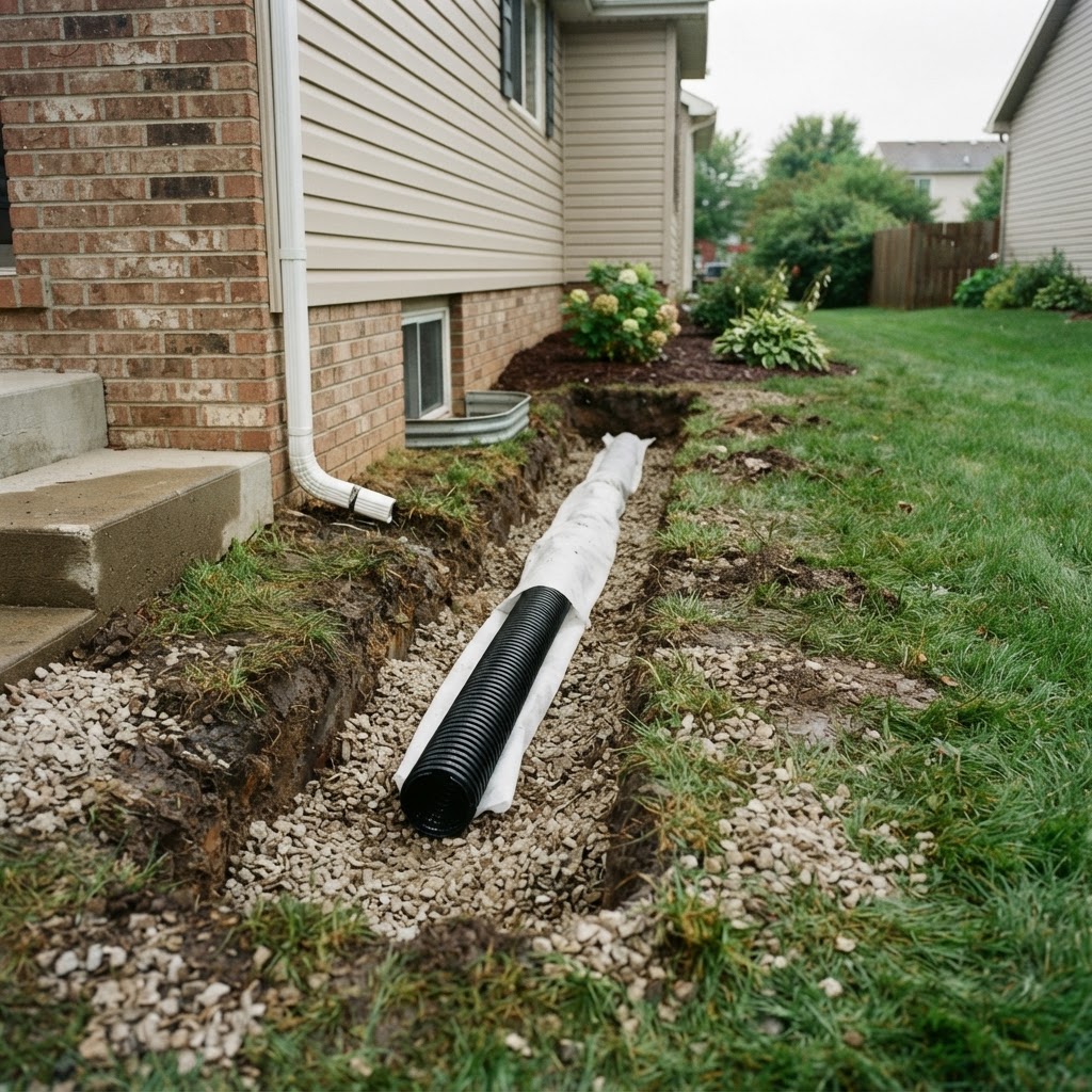Yard drainage installation: gravel-filled trench with perforated pipe along a home foundation