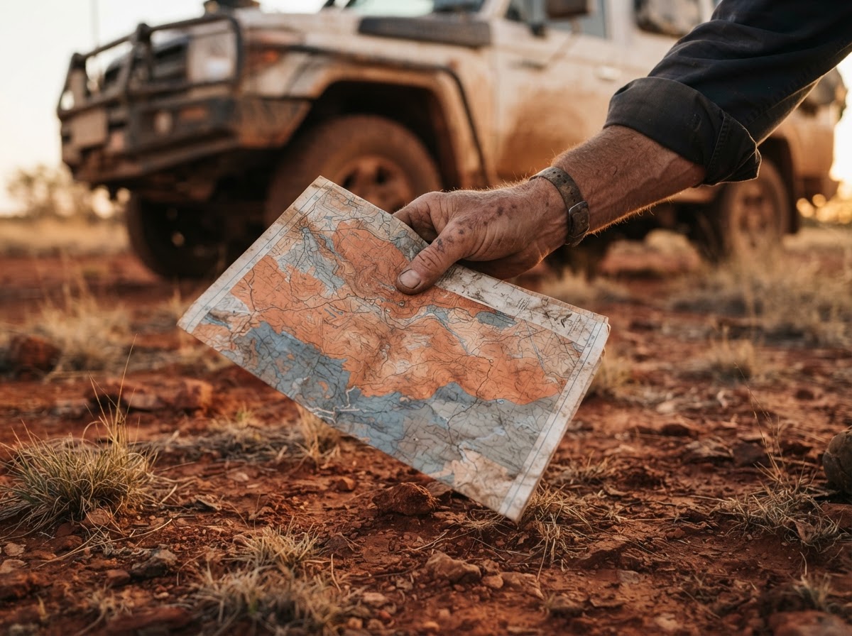 A searcher's hand holding a topographic map over red earth