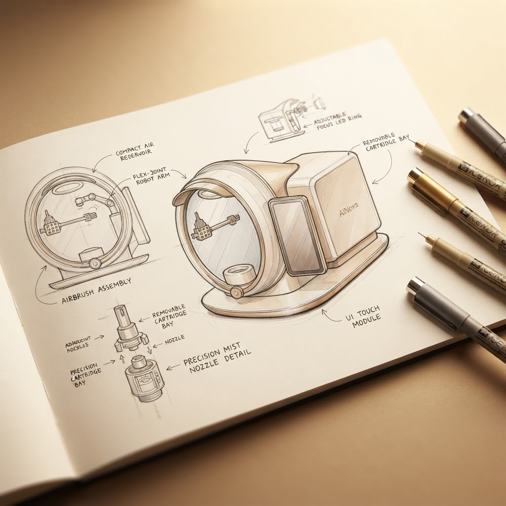Hand-drawn design sketches of the AiNova device