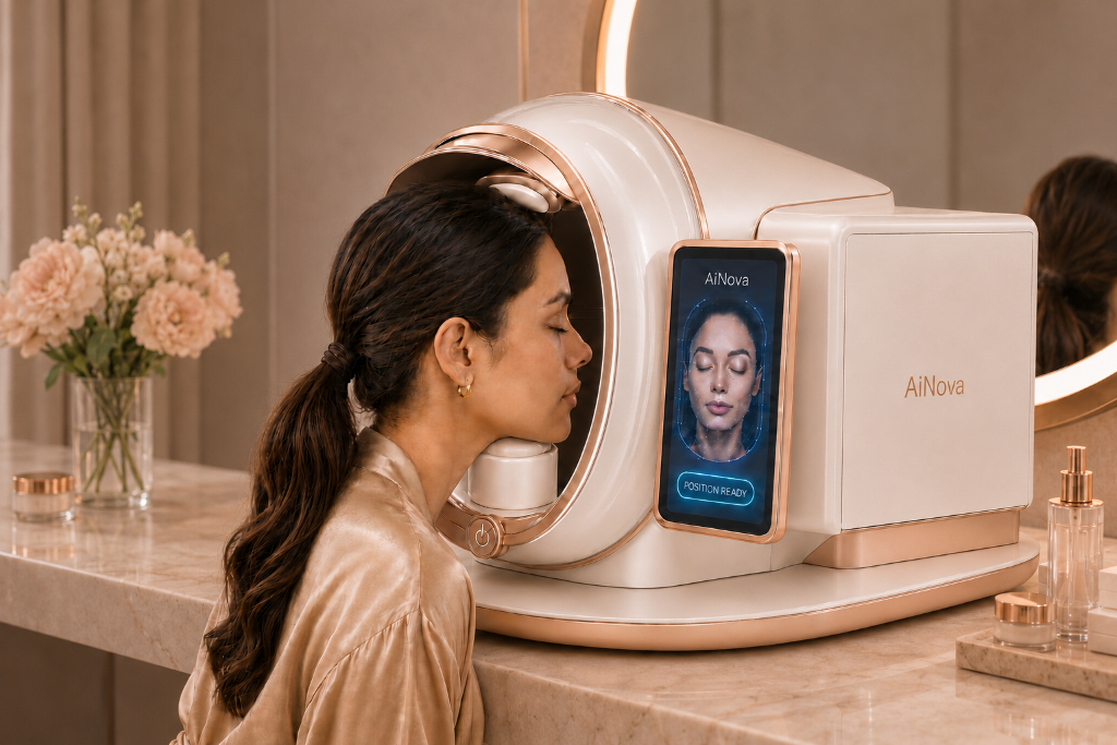 A woman using the AiNova tabletop beauty device on a marble vanity