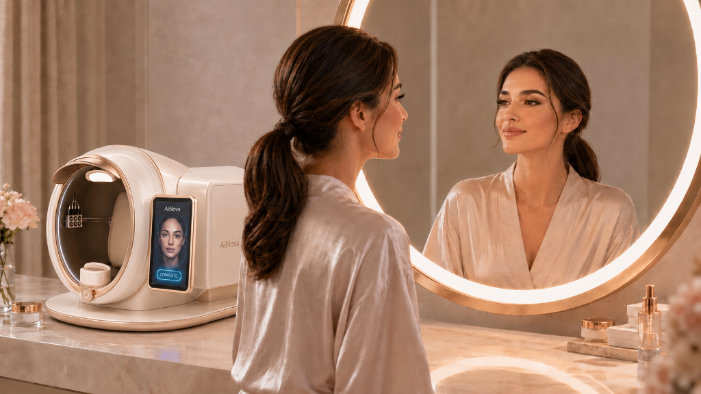 A woman using the AiNova tabletop beauty device on a marble vanity
