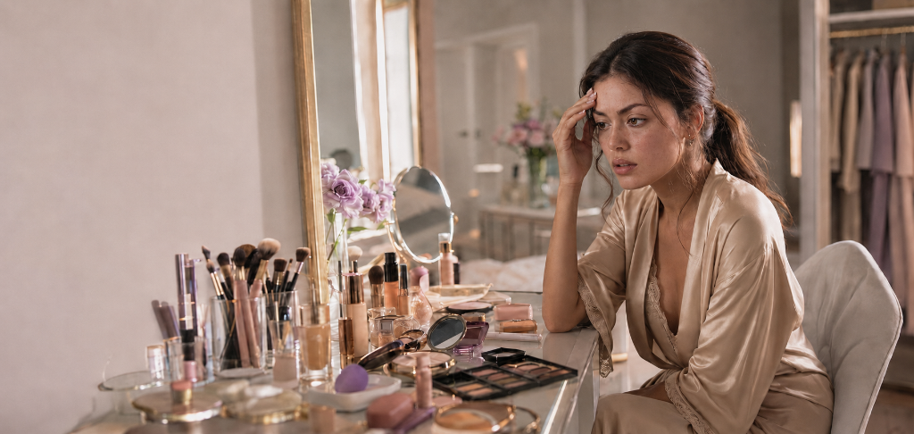 Woman at a cluttered vanity, overwhelmed by a drawer full of beauty products
