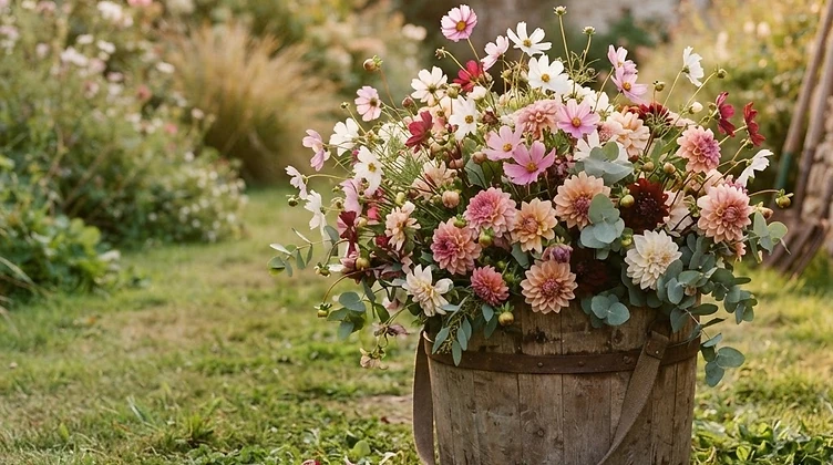 A harvesting hod overflowing with cosmos, dahlias and eucalyptus