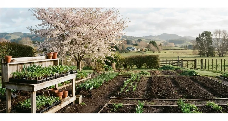 Seedling trays beside freshly dug beds in early spring