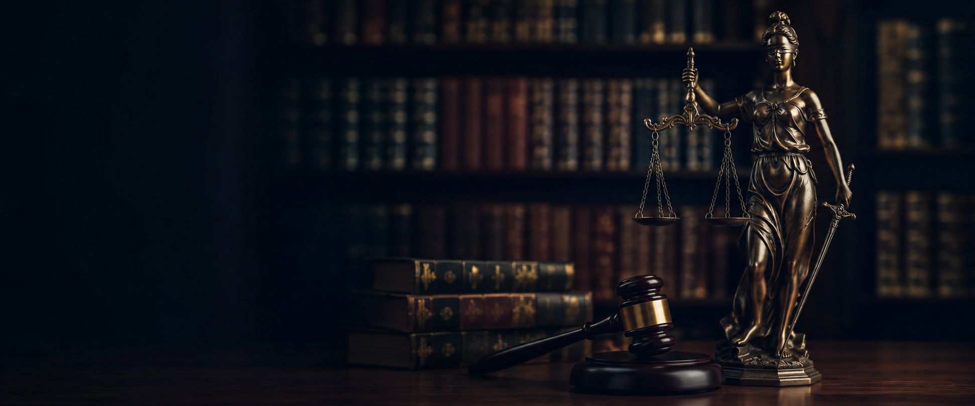 Lady Justice statue with gavel and legal books