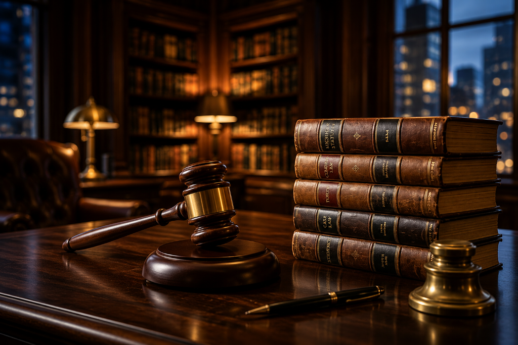 Law library with gavel and legal books