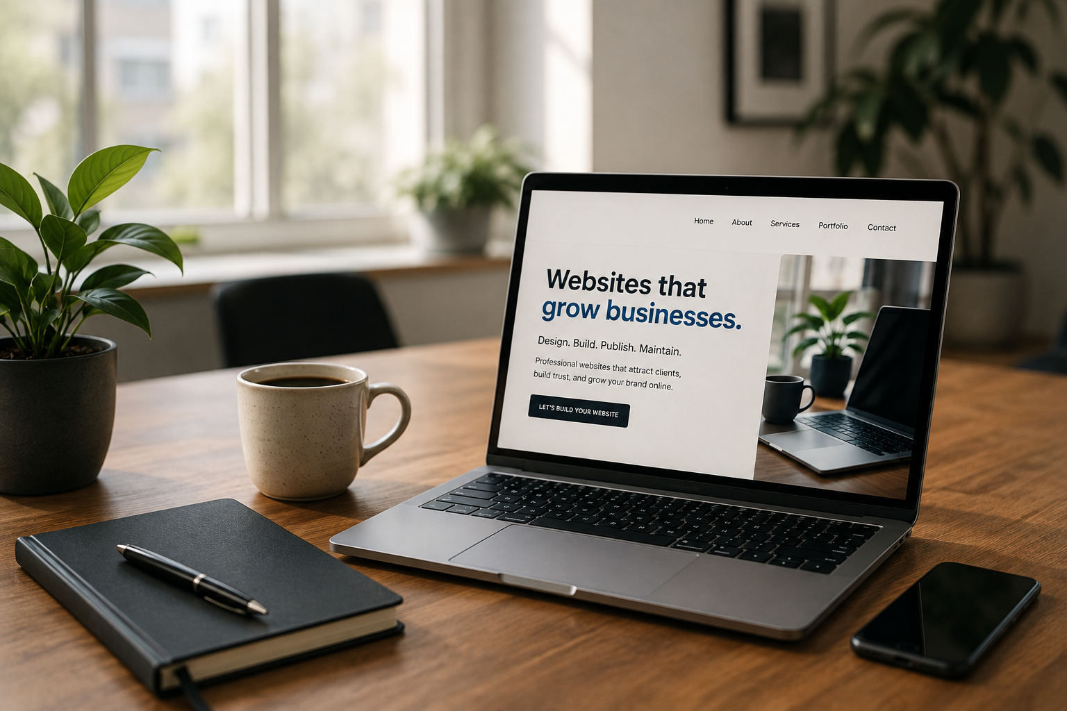 Laptop displaying a professional website design on a wooden desk workspace