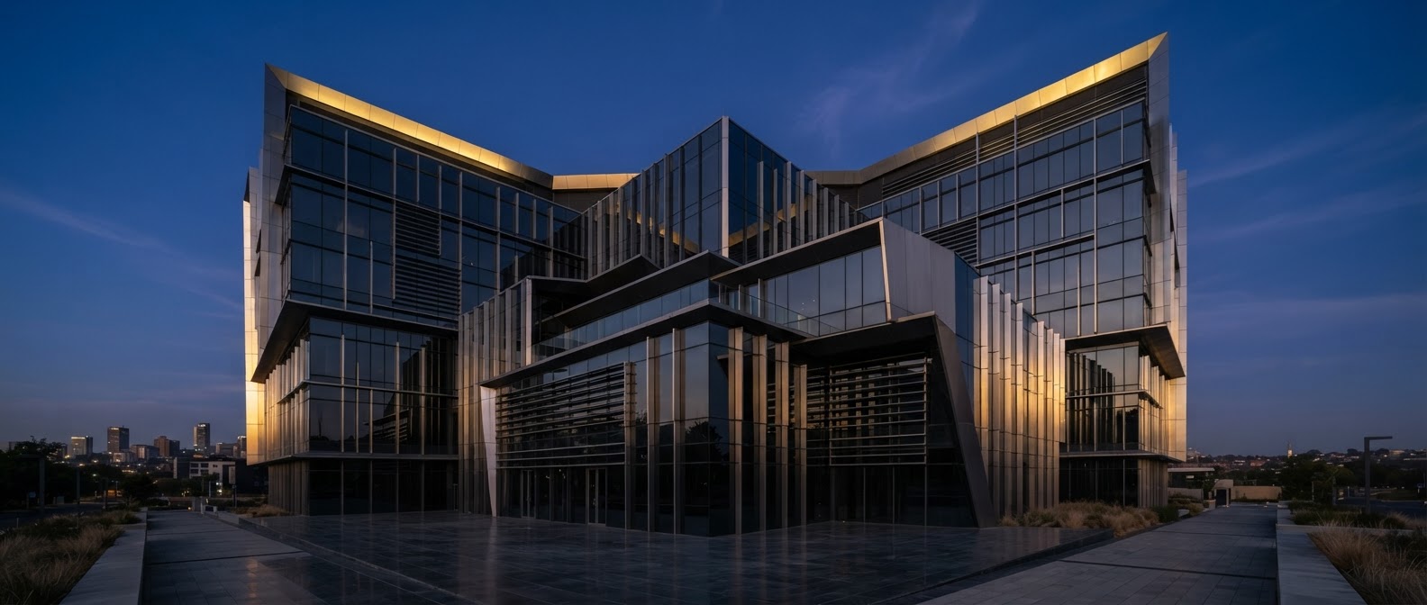 Modern glass office building at dusk