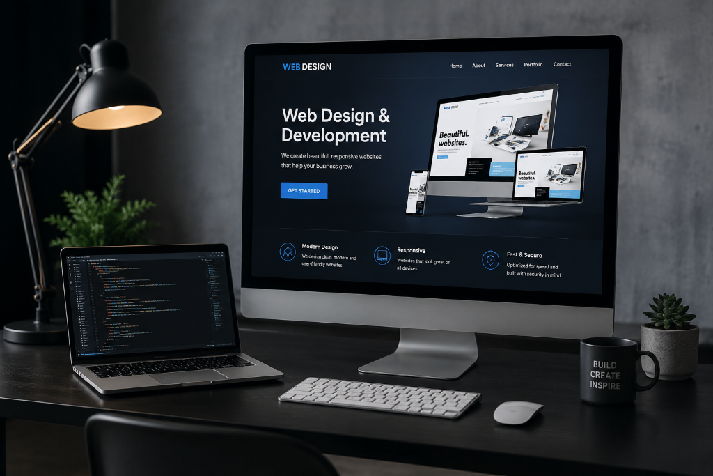 Desktop monitor displaying a web design project on a professional workspace desk