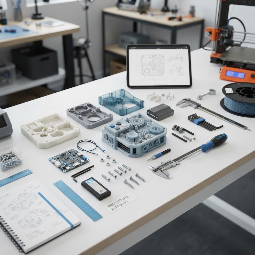 3D-printede prototype-deler på verkstedet