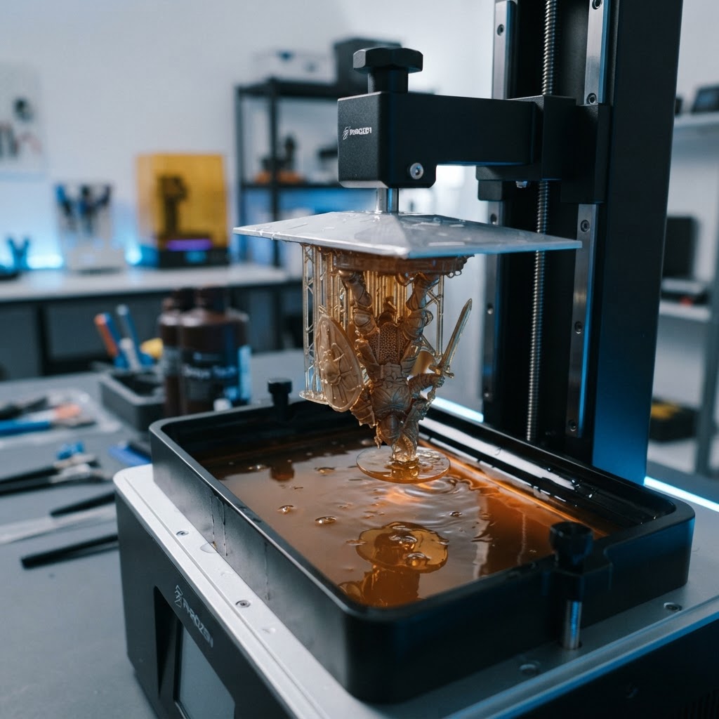 Resin 3D-printer som skriver en detaljert miniatyr