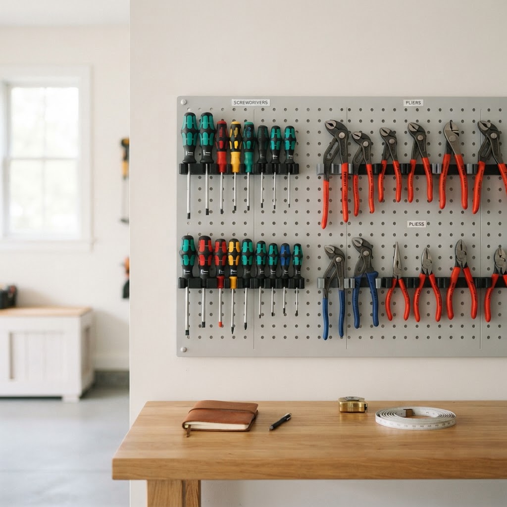 Pegboard-vegg med 3D-printede verktøyholdere