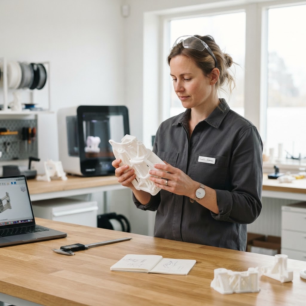 Ingeniør inspiserer en 3D-printet prototype