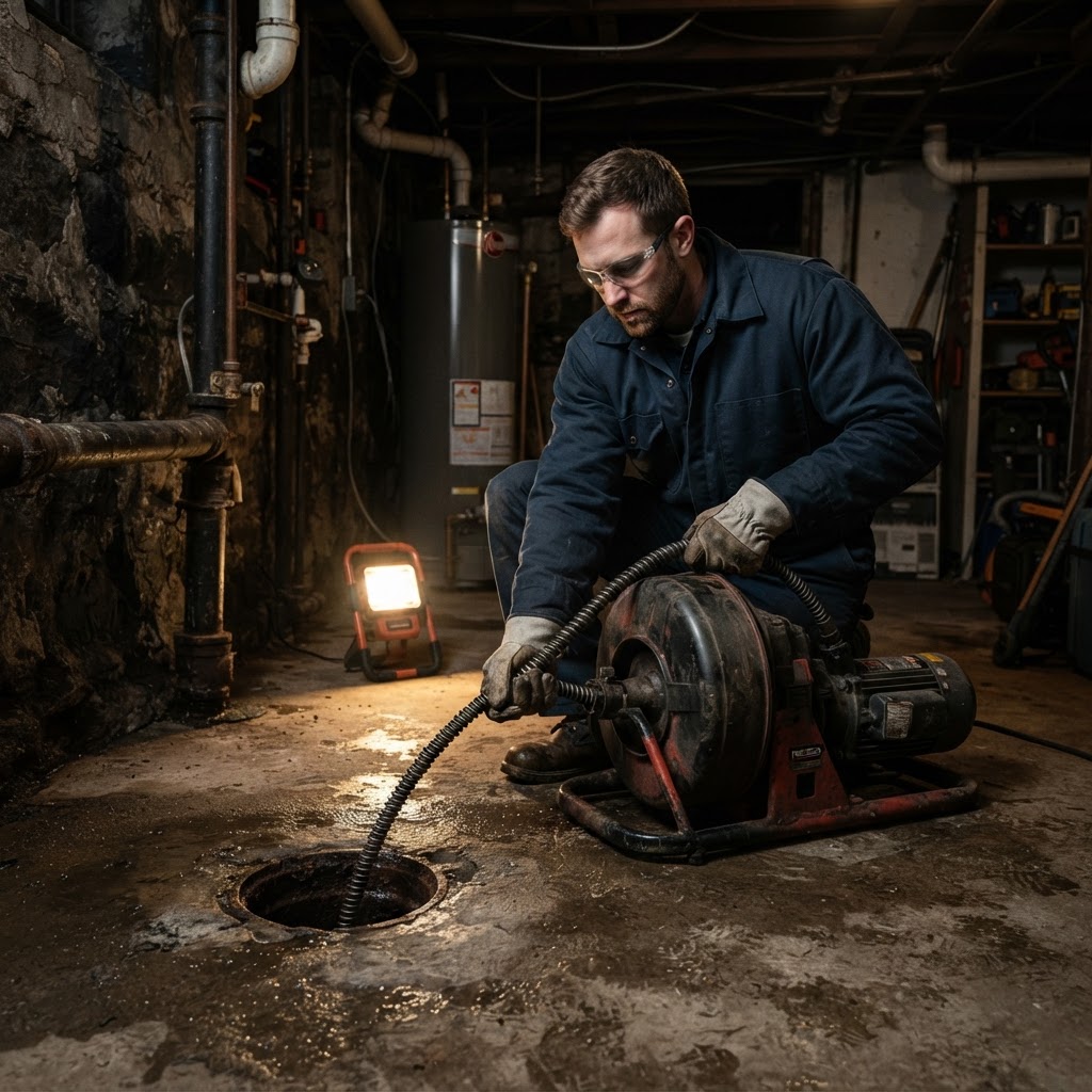 365 Drains technician clearing a main sewer line with a cable machine