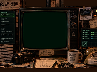 Field Operations CRT environment — recovered desk with terminal, camcorder, and field notes