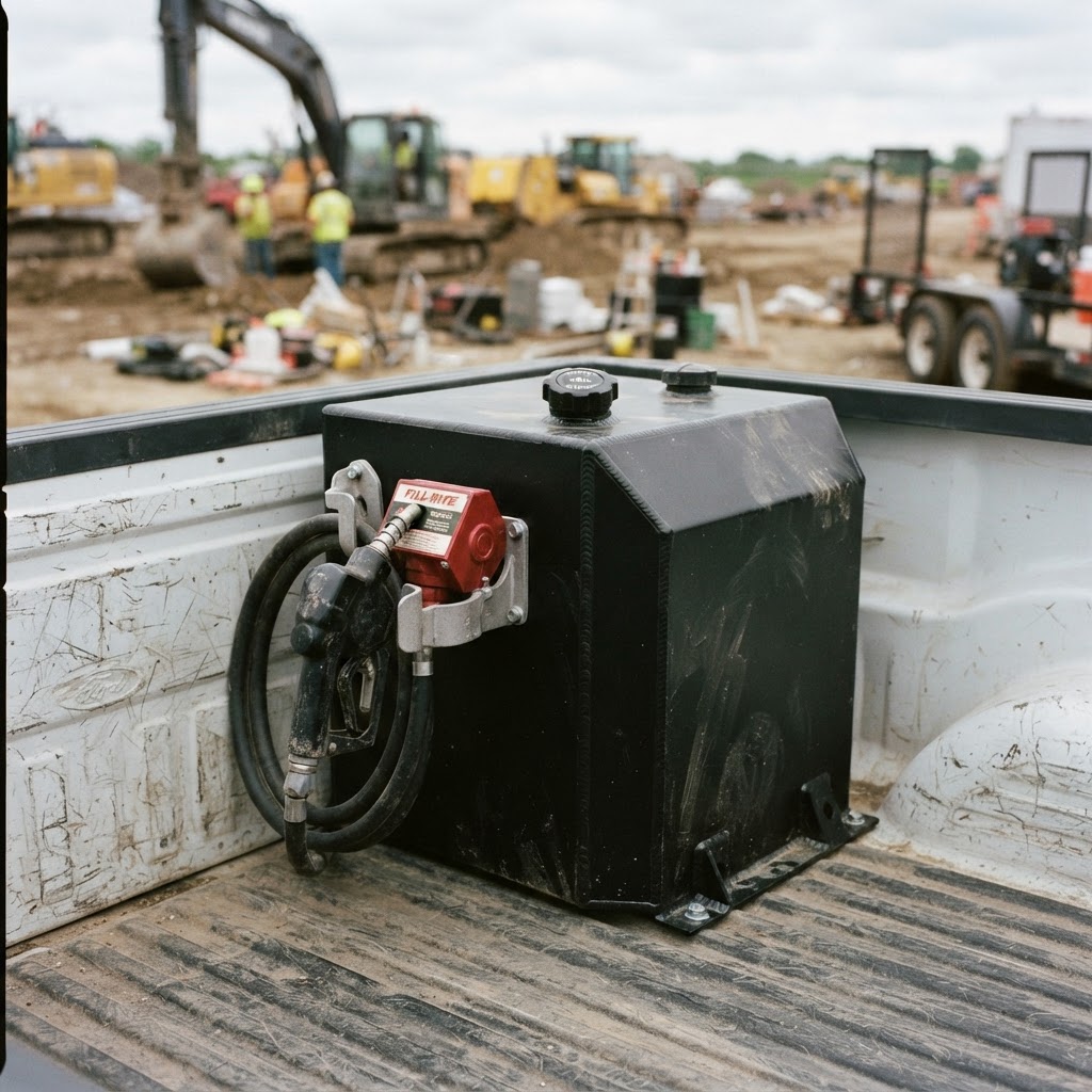 A close-up shot of a black aluminum transfer tank mounted in a truck bed, showing the clean welds an