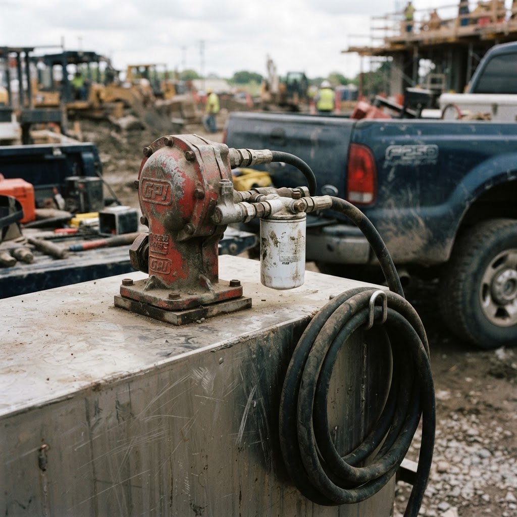 A close-up, high-contrast shot of a rugged, slightly weathered fuel transfer pump mounted to a steel