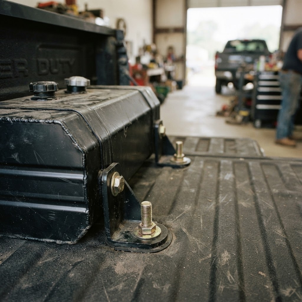 A close-up shot of a black powder-coated aluminum transfer tank securely bolted into a spray-in bed 