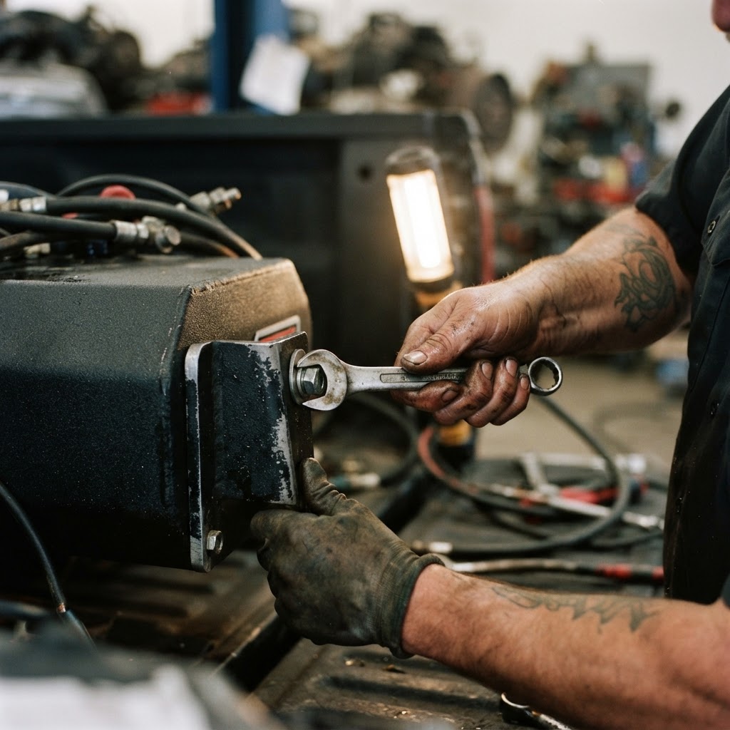 A close-up, gritty shot of a mechanic's hands tightening a stainless steel bolt on a mounting bracke