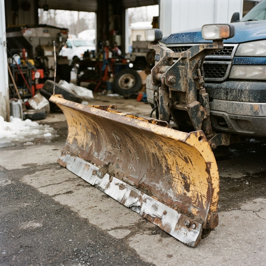 A close-up shot of a heavy-duty steel plow blade showing the wear on the cutting edge and the reinfo