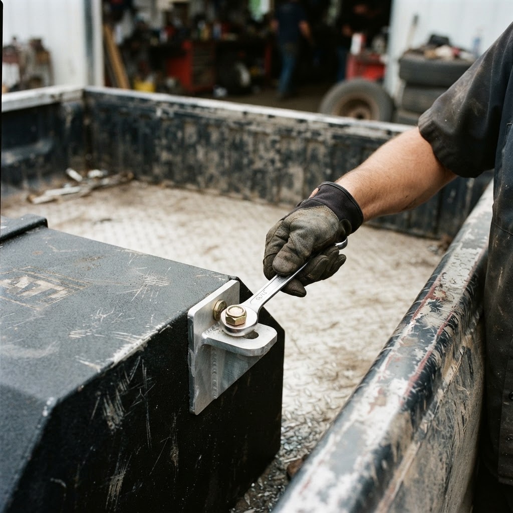 A documentary-style close-up of a mechanic's gloved hand tightening a heavy-duty grade-8 mounting bo