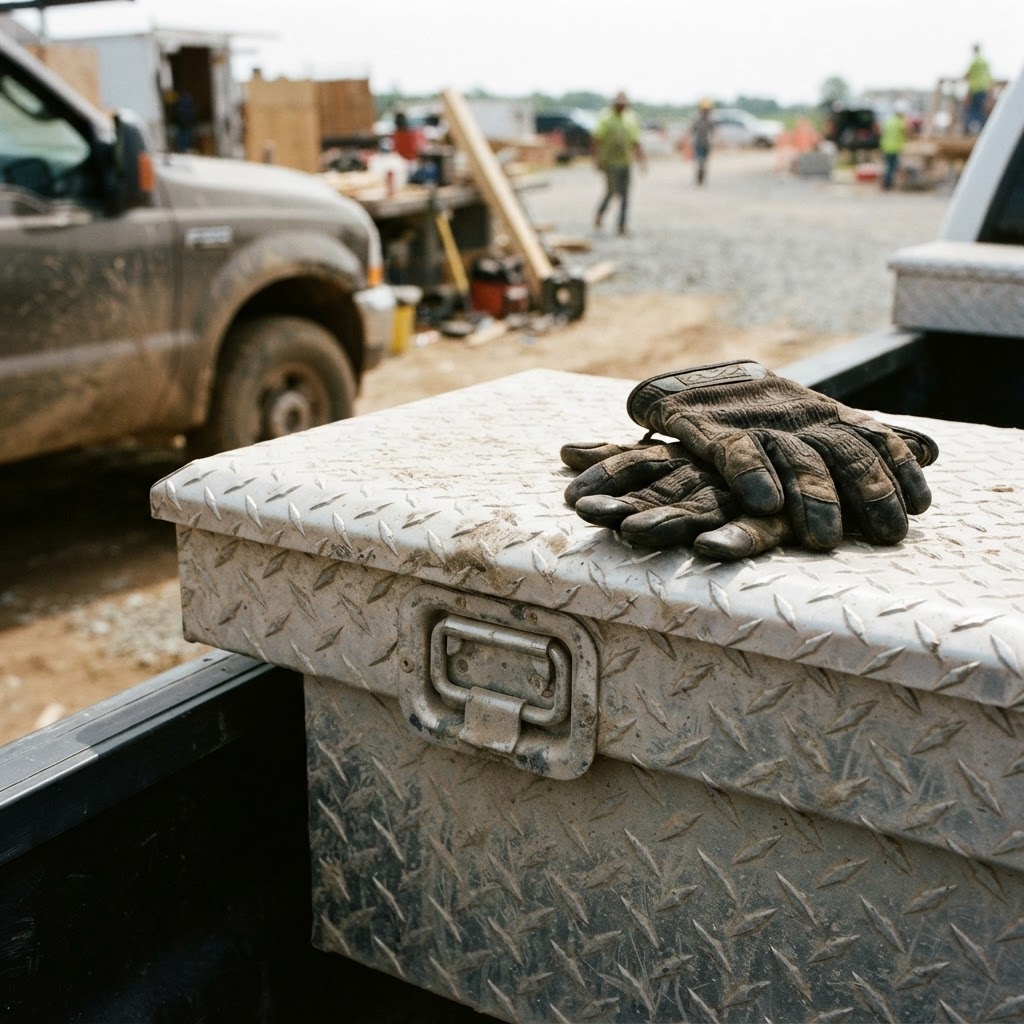 A close-up, gritty shot of a heavy-duty aluminum toolbox latch covered in a light layer of dust, wit