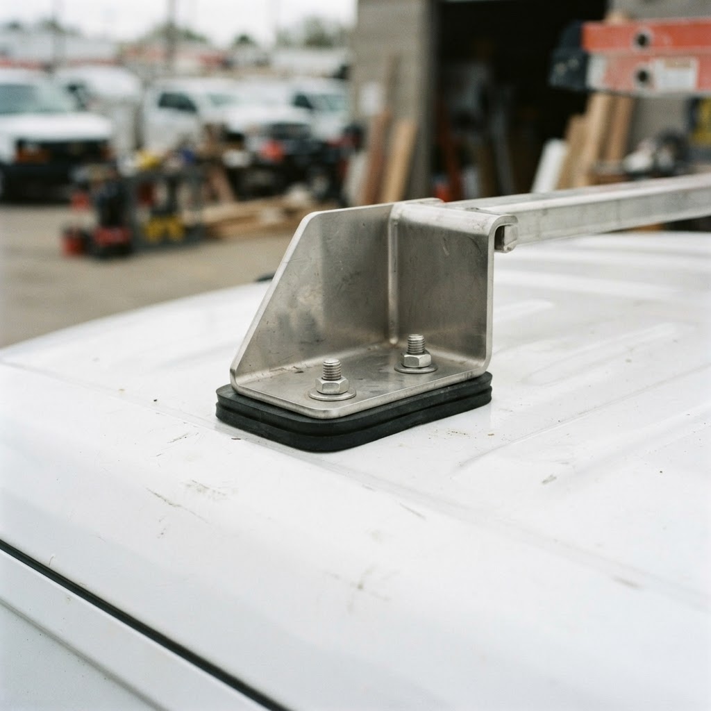 A close-up shot of the Vantech H1 stainless steel mounting bracket bolted to the white roof of a Che
