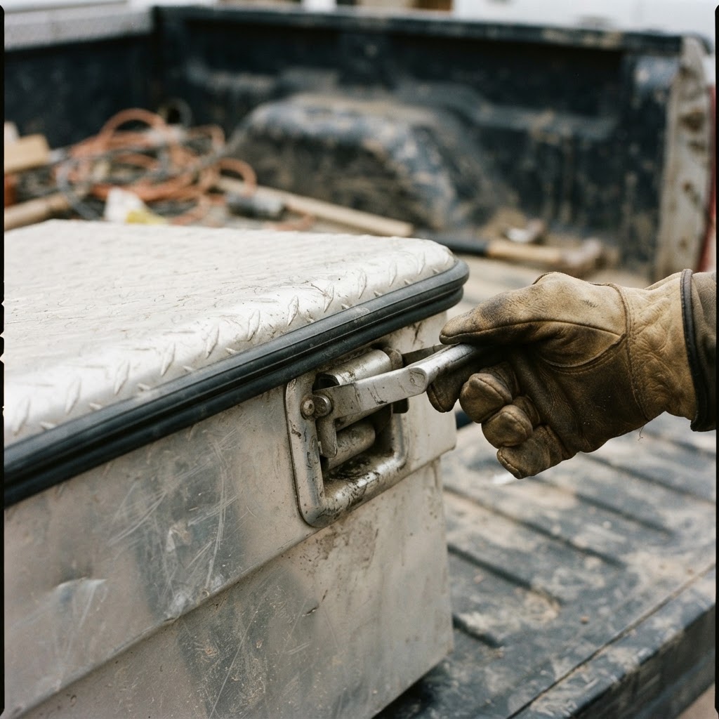 A close-up, high-contrast shot of a heavy-duty aluminum tool box lid latch being operated with a glo