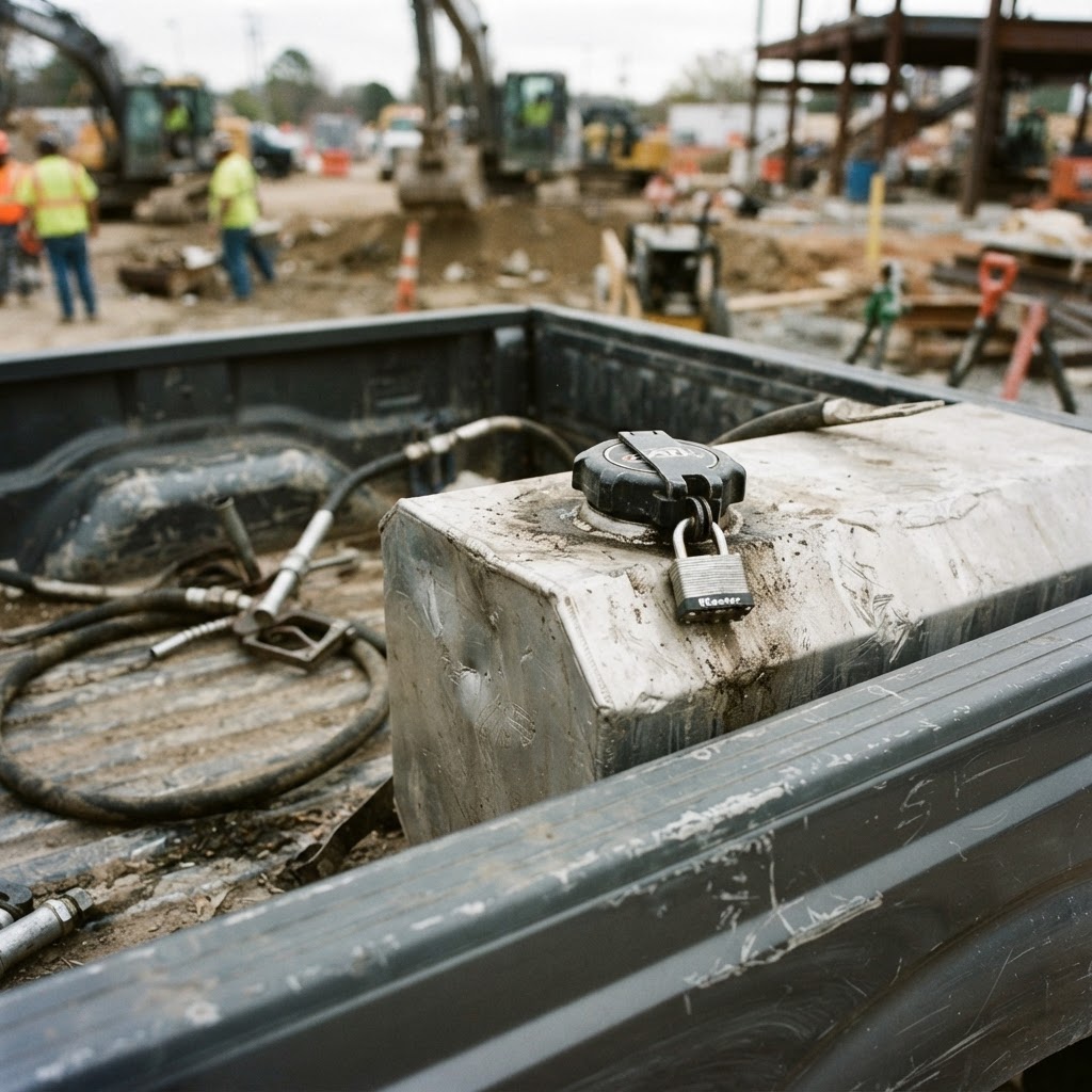 A close-up, high-contrast shot of a weathered, silver aluminum transfer tank in a truck bed, with th