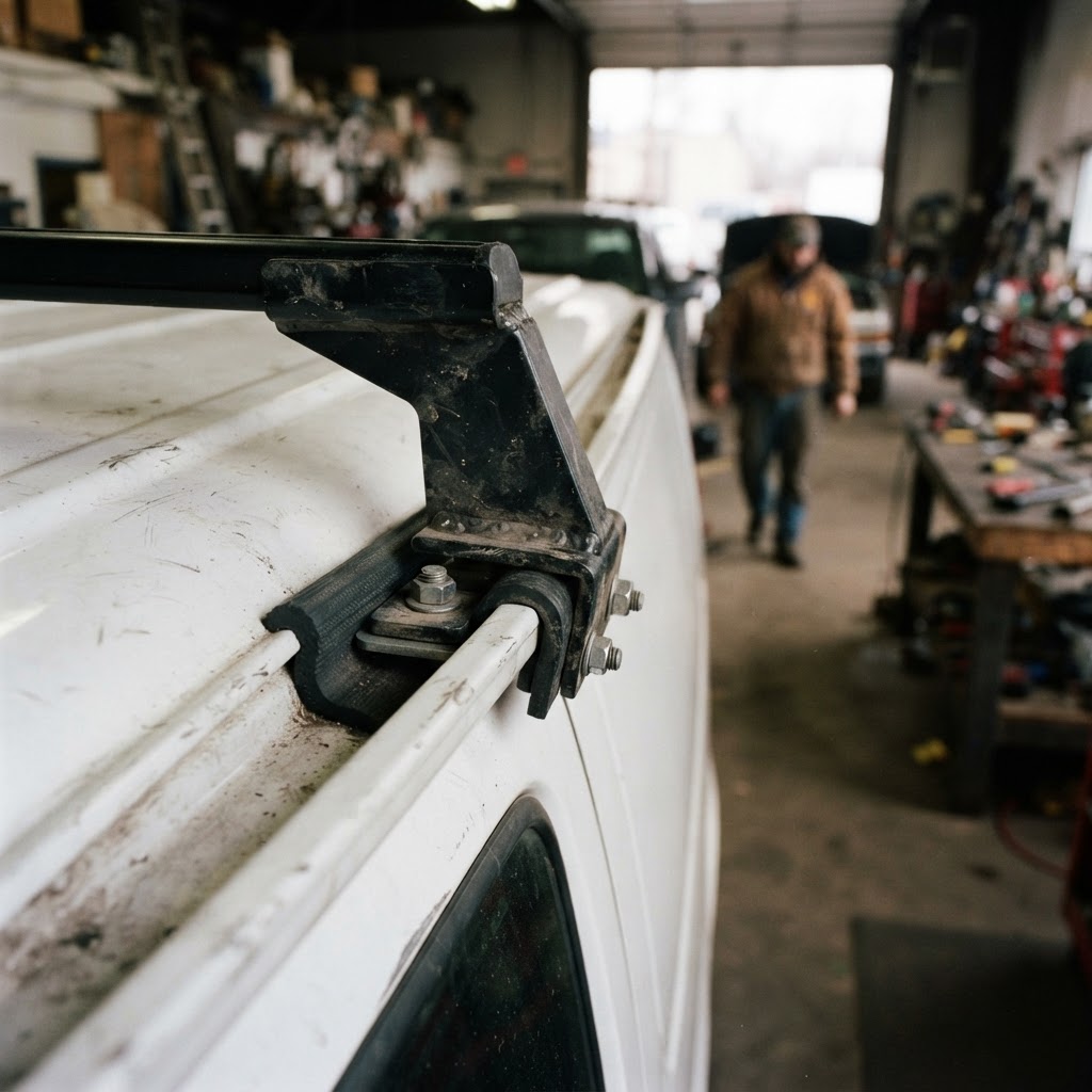 A close-up shot of the Vantech H1 mounting bracket secured to the gutter of a white Chevy Express, s