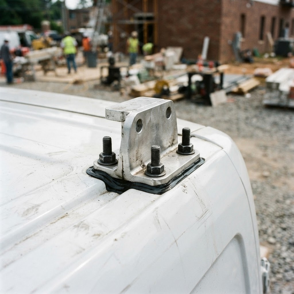 A close-up, high-contrast shot of a rugged, silver Vantech H1 mounting bracket bolted securely to th