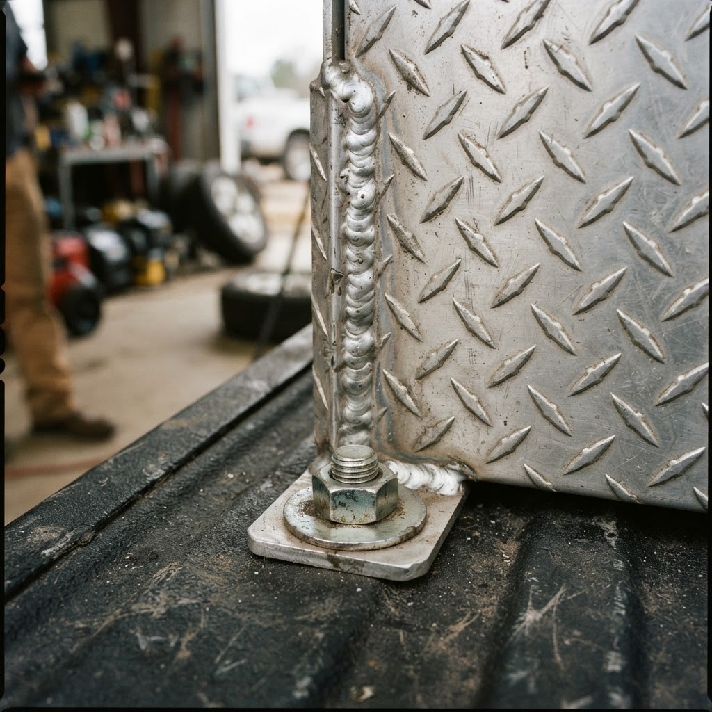 A close-up, documentary-style shot of a thick aluminum weld bead on the corner of a transfer tank, s