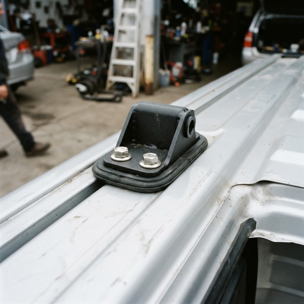 a close-up, documentary-style shot of the Vantech H1 mounting bracket bolted securely into the Ford
