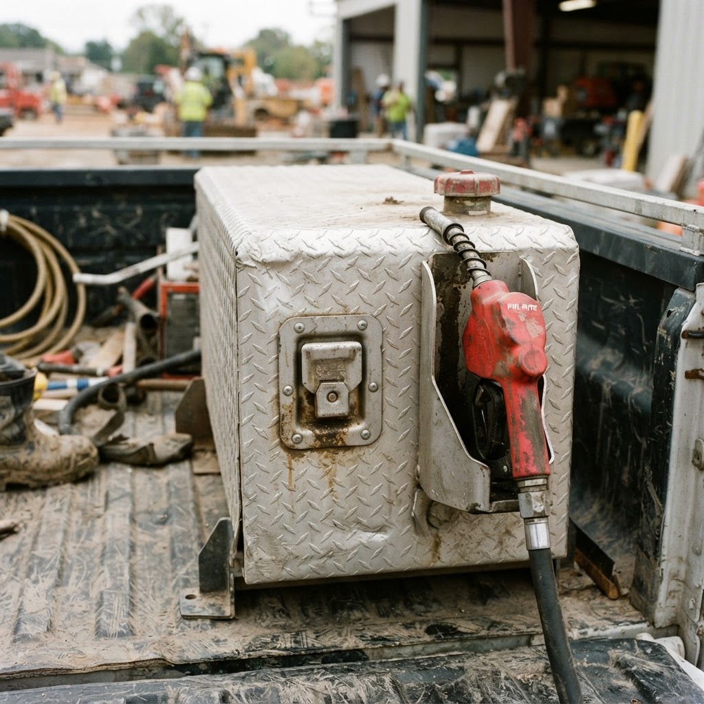 A close-up, high-contrast shot of a rugged, diamond-plate aluminum fuel tank and toolbox combo mount