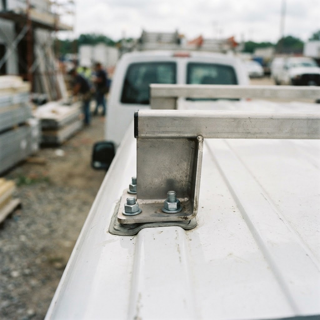 A close-up, low-angle shot of a stainless steel ladder rack mounting bracket bolted to a van roof, s