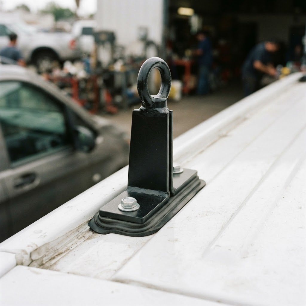 A close-up shot of a black Vantech H1 mounting bracket bolted securely to the roof channel of a Merc