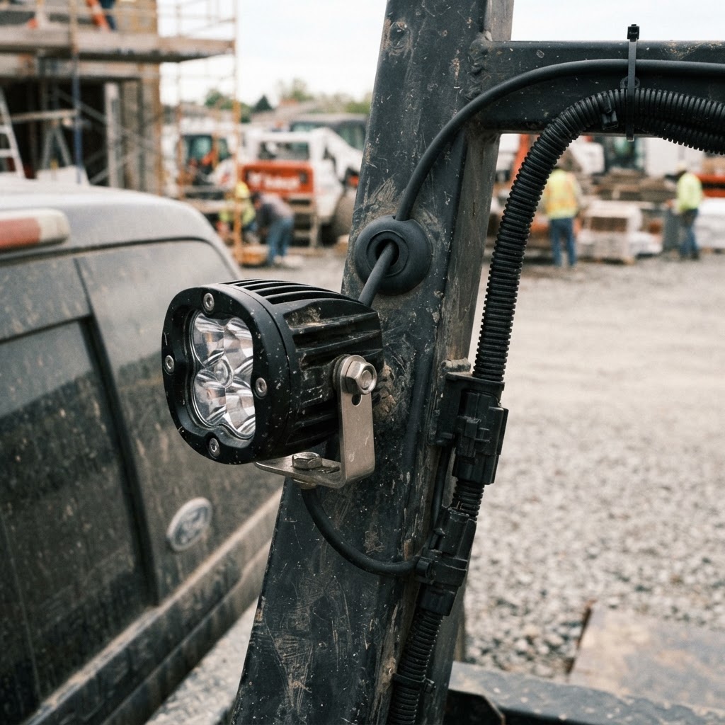A close-up, high-contrast shot of a black LED pod light mounted to a steel headache rack, showing th