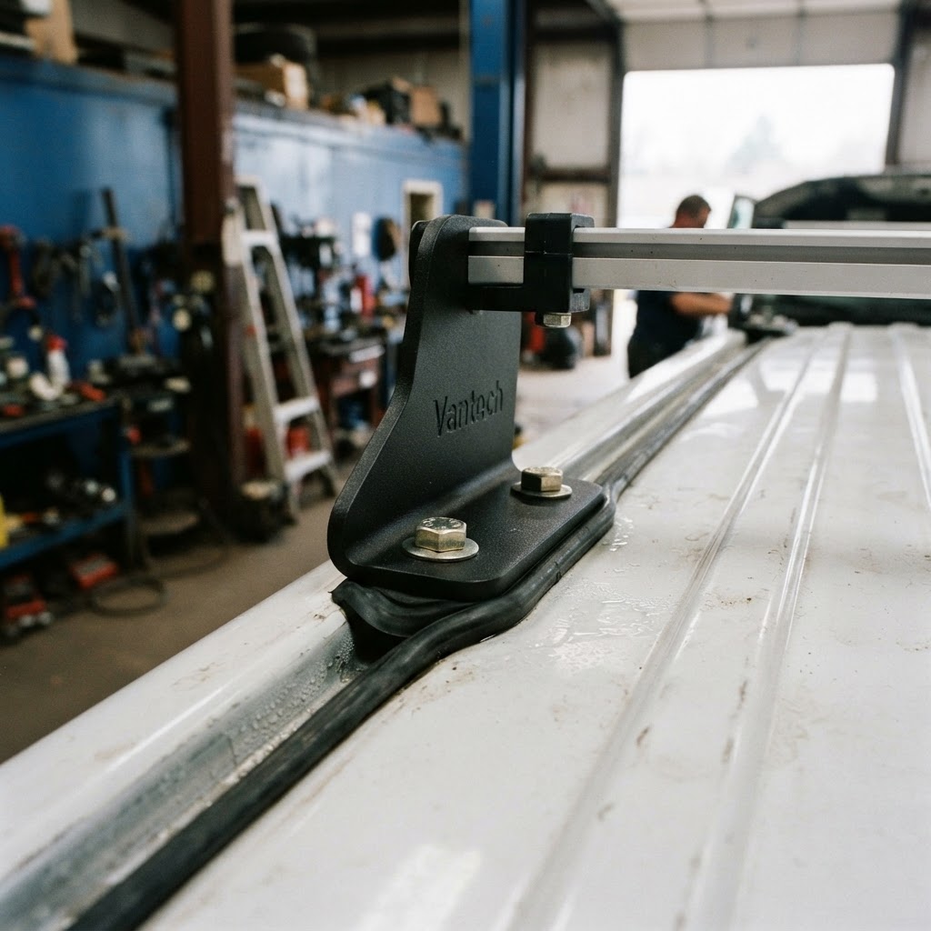 A close-up, high-contrast shot of a Vantech H1 mounting bracket bolted to a Ford Transit roof, showi