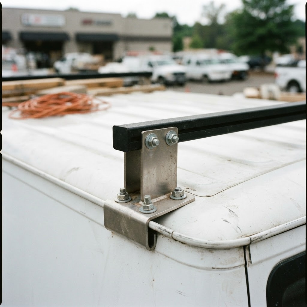 A close-up shot of a stainless steel mounting bracket bolted securely to the roof gutter of a work v