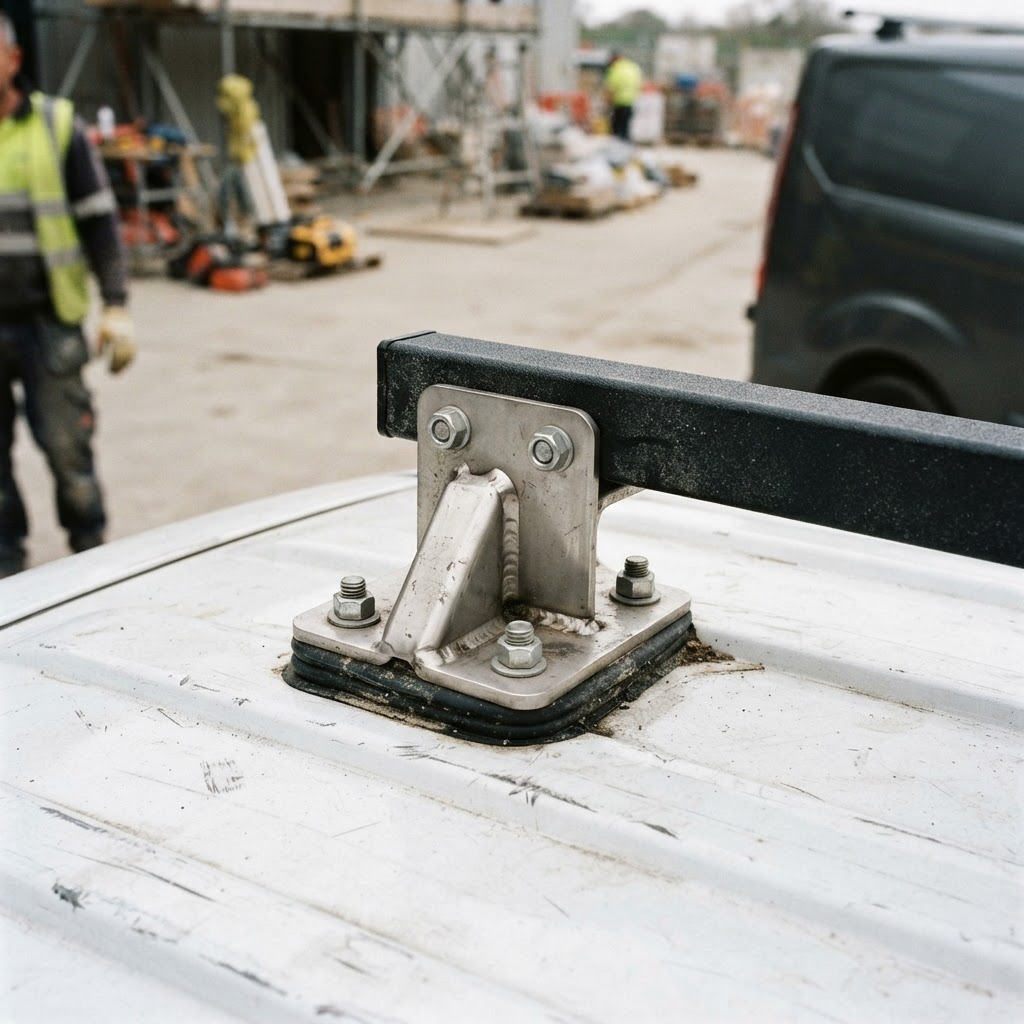 A close-up, high-contrast shot of a stainless steel mounting bracket bolted to a van roof, showing t