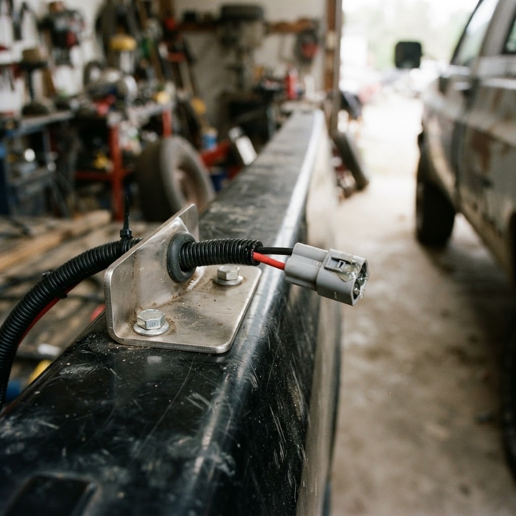 A documentary-style close-up of a heavy-duty stainless steel mounting bracket bolted to a black powd