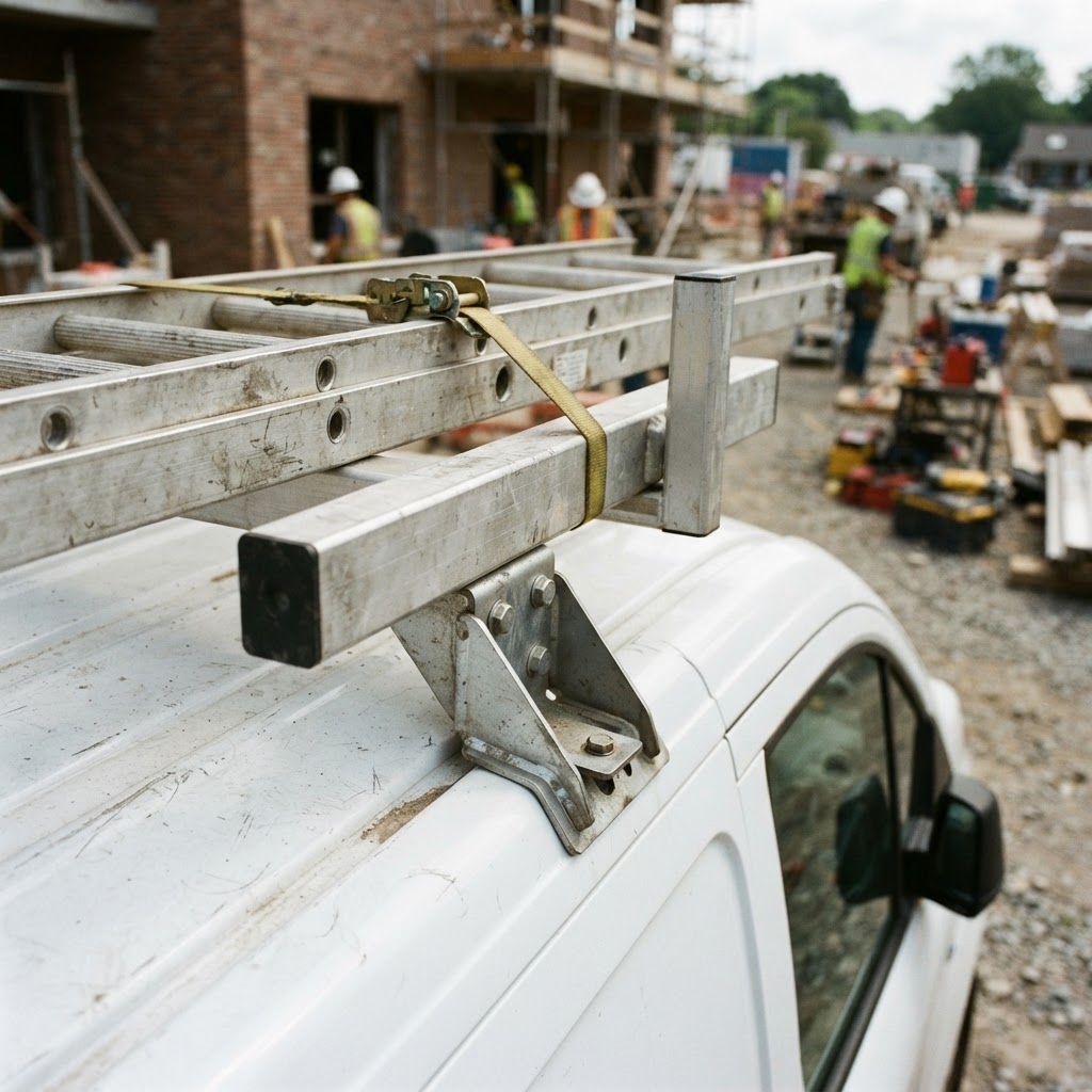 A close-up, low-angle shot of a rugged, silver Vantech H1 ladder rack mounted on a white Ford Transi