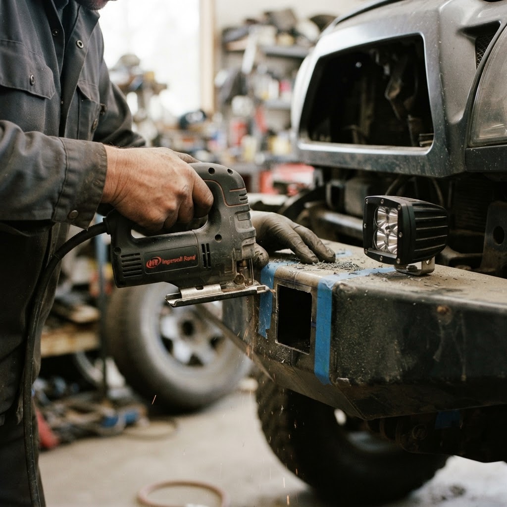 A close-up shot of a mechanic's hands using a jigsaw to cut a precise square hole into a steel truck