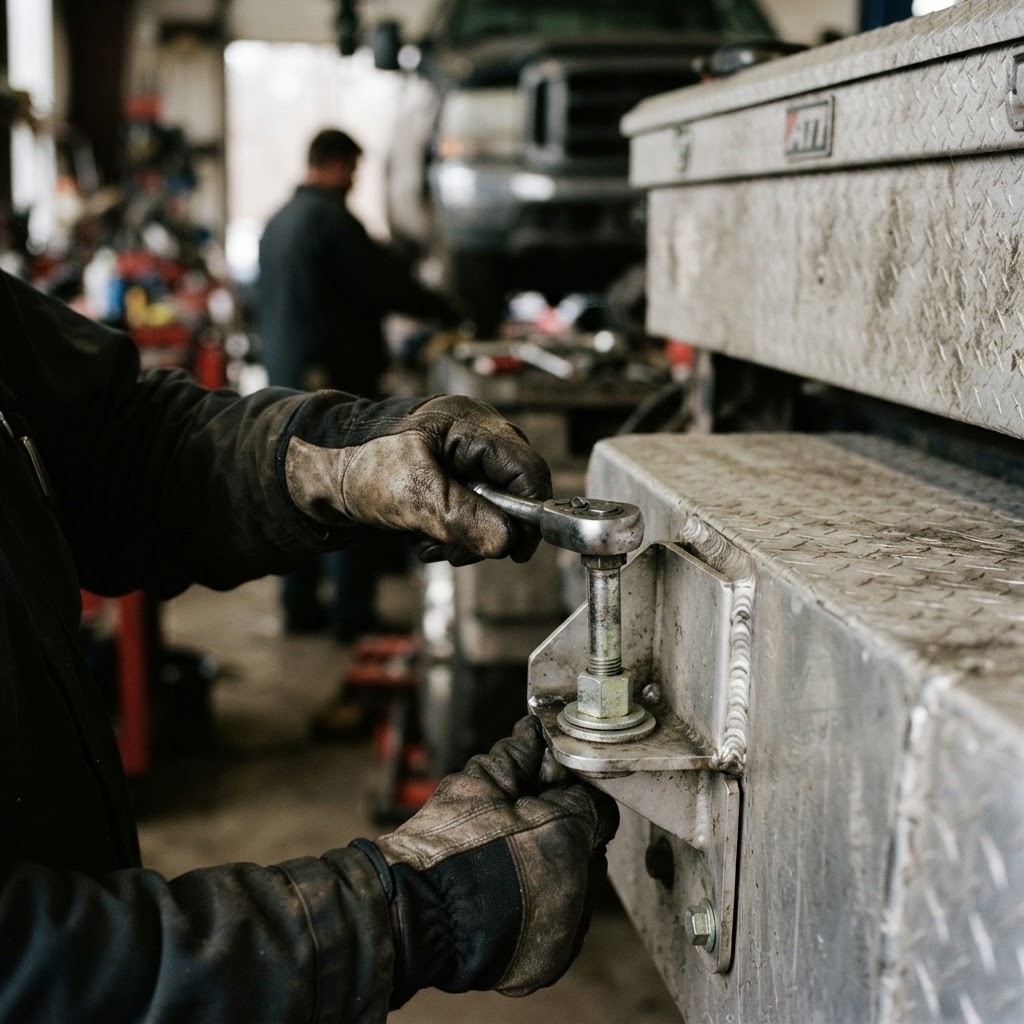 A close-up, documentary-style shot of a mechanic's gloved hands tightening a heavy-duty mounting bol