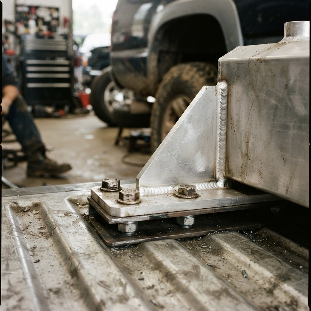 A close-up, high-contrast shot of a heavy-duty mounting bracket bolted through a truck bed floor, sh
