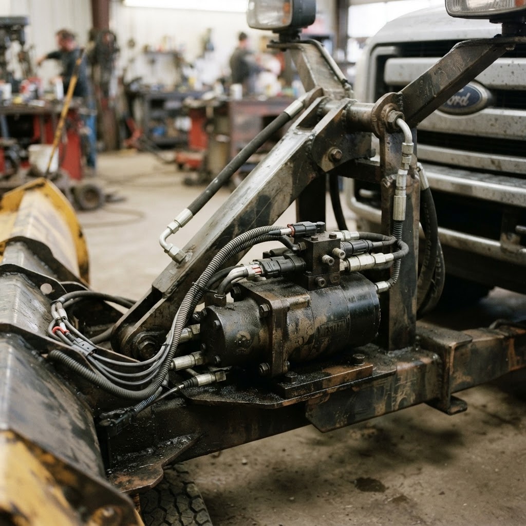 A close-up shot of the heavy-duty hydraulic pump assembly mounted on the plow frame, showing the cle