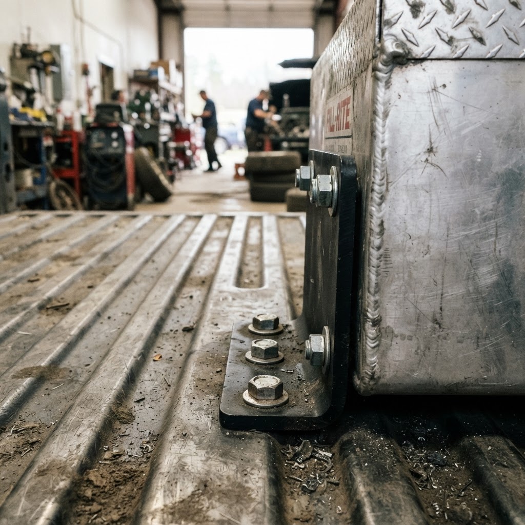 A close-up shot of a heavy-duty mounting bracket bolted to a truck bed floor, showing the clean, ind