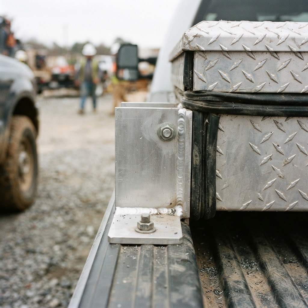 A close-up, low-angle shot of a heavy-duty aluminum mounting bracket bolted to a truck bed, showing