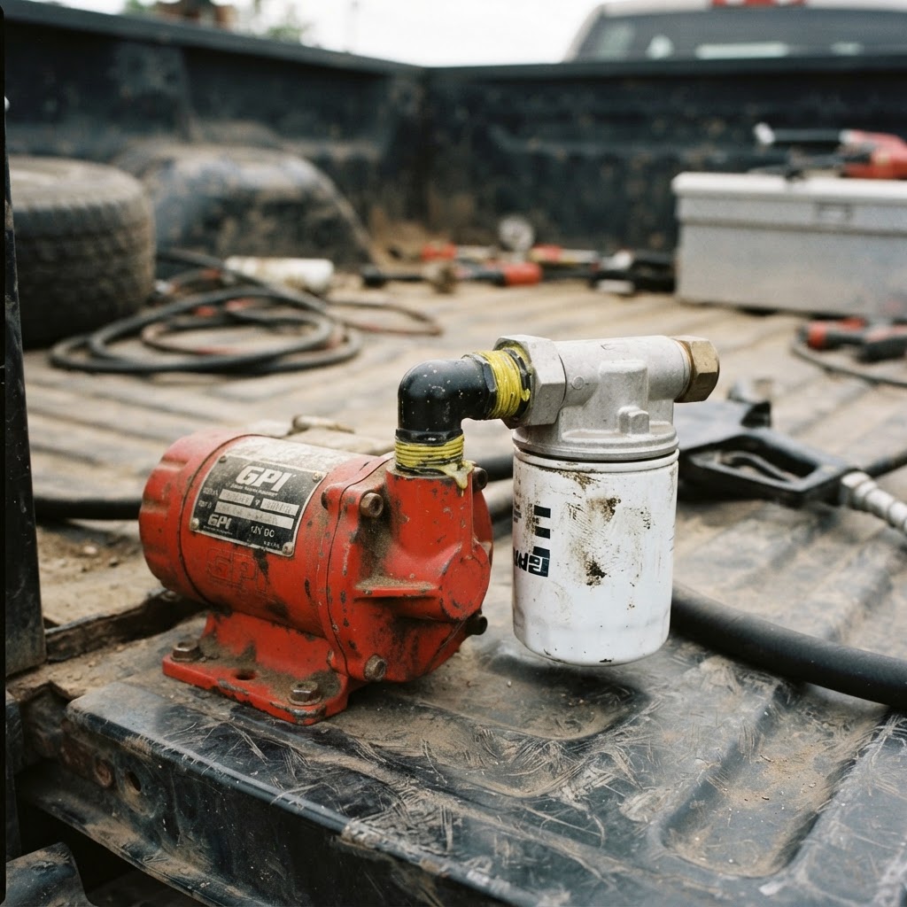 A close-up, documentary-style photo showing the GPI filter head mounted to a red 12-volt fuel pump i