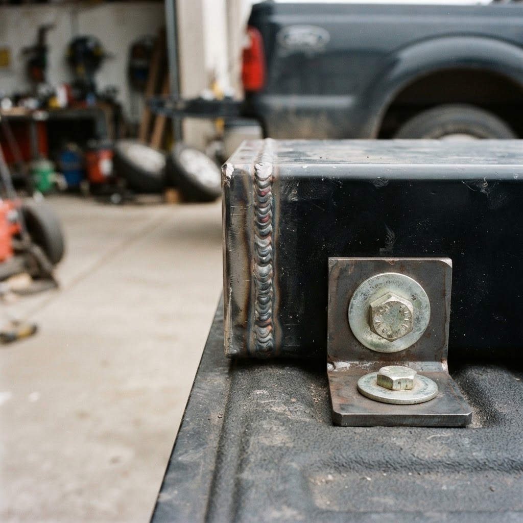 A documentary-style close-up photo of the corner of a black powder-coated ATI transfer tank. The sho